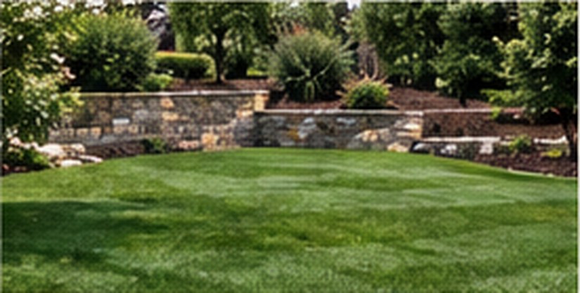 Manicured lawn framed by a natural stone retaining wall and mature trees