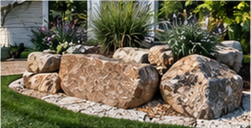 Decorative boulder and rock bed with ornamental grasses beside a home