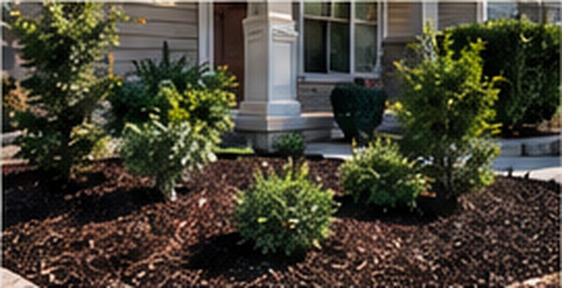 Fresh dark mulch beds with shaped shrubs along a front entry