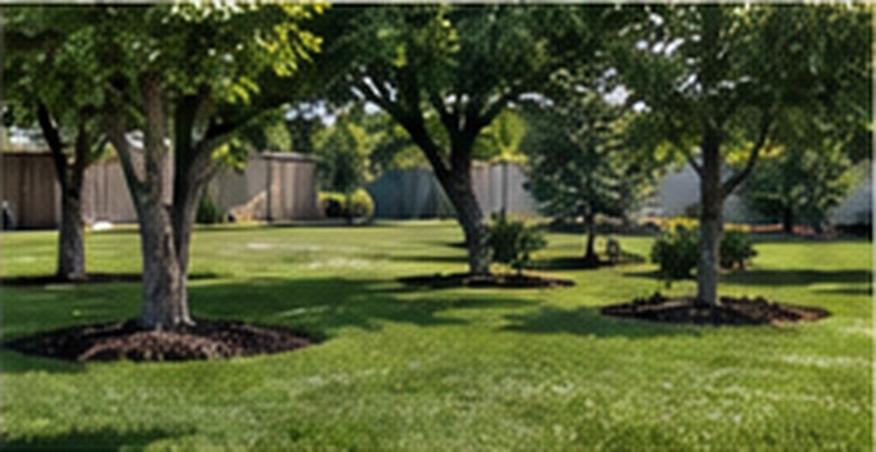 Healthy shade trees over a clean, edged lawn