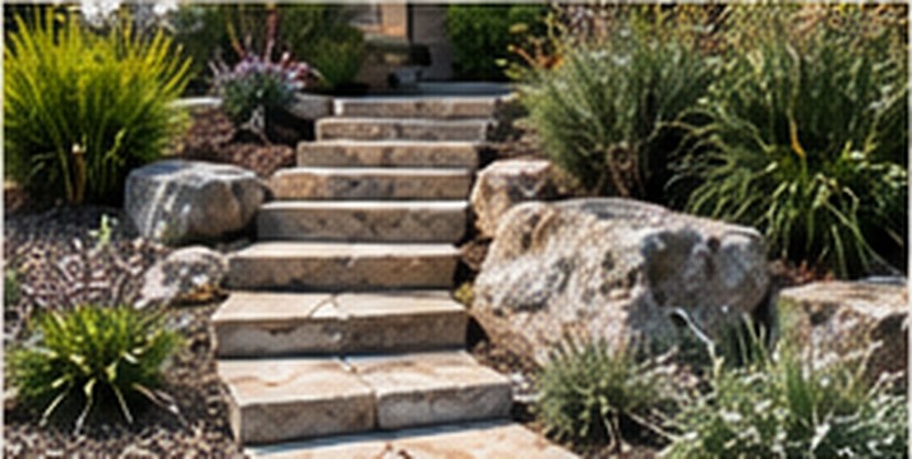 Natural stone steps with layered plantings and boulder accents